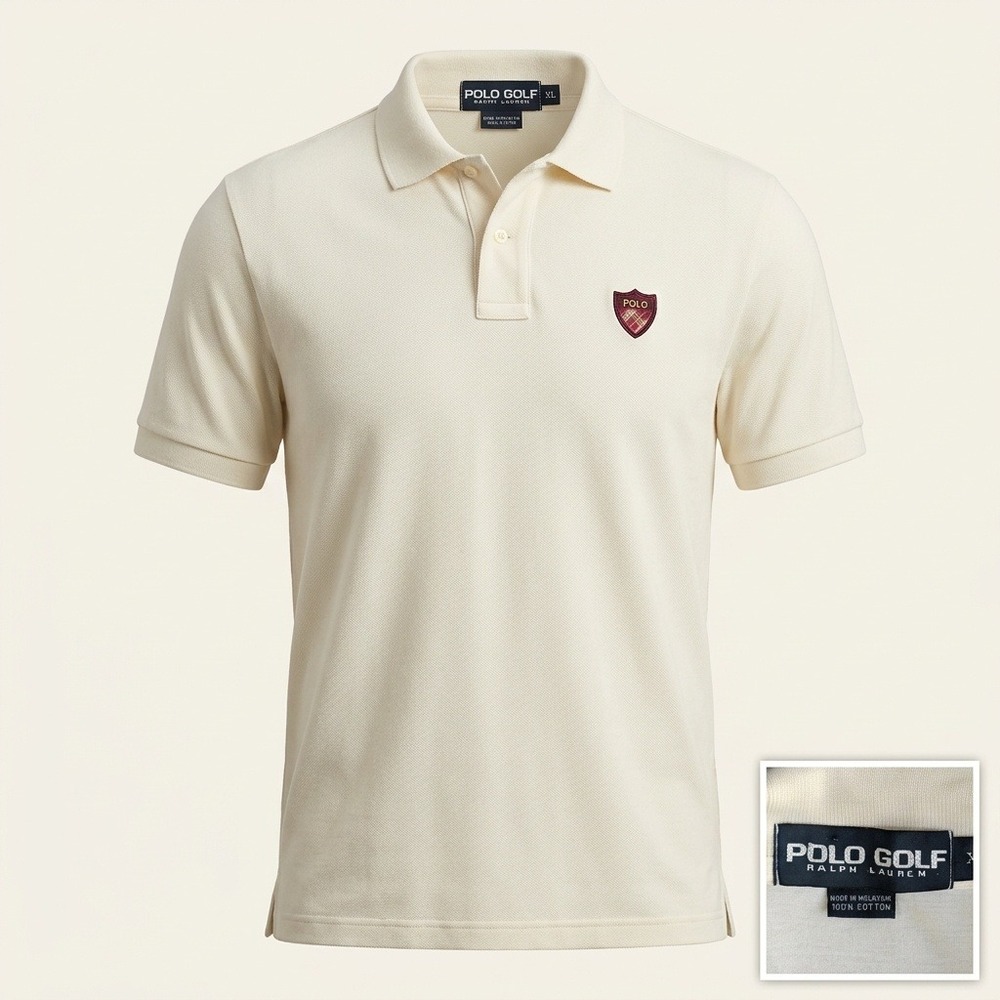 Polo Golf Ralph Lauren Mens XL Polo Shirt Cream Cotton Crest Shield Logo